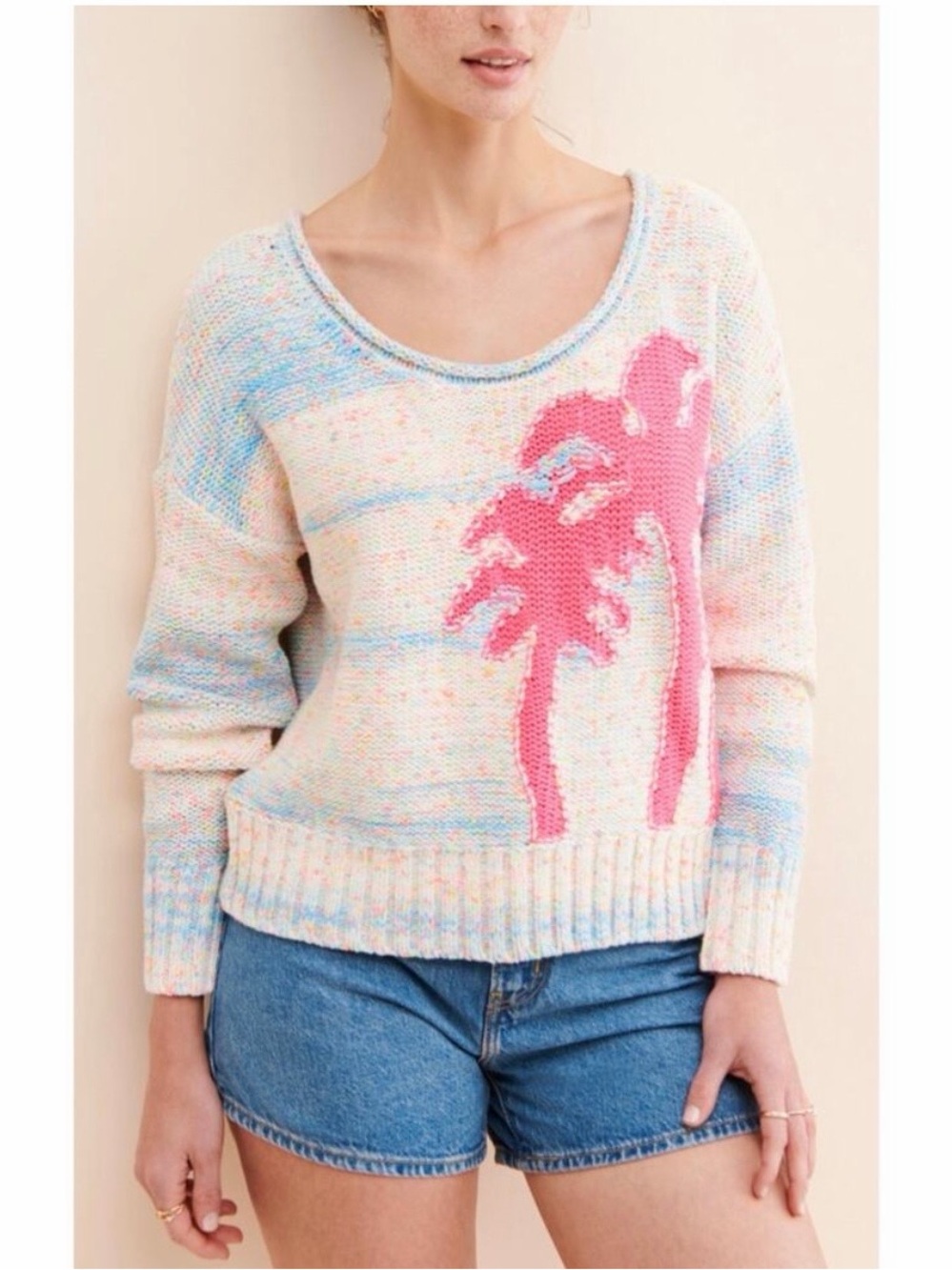 Anthropologie Palm Tree boat neck chunky knit sweater